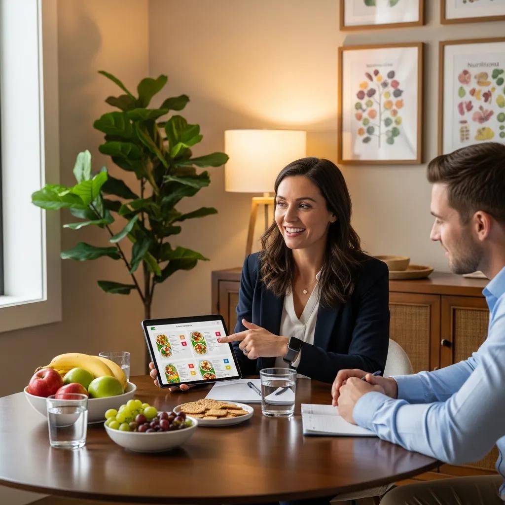 Nutrition coach discussing personalized meal plans with a client in a supportive environment