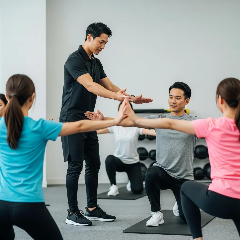 Personal trainer guiding a small group, highlighting expertise and community support in fitness