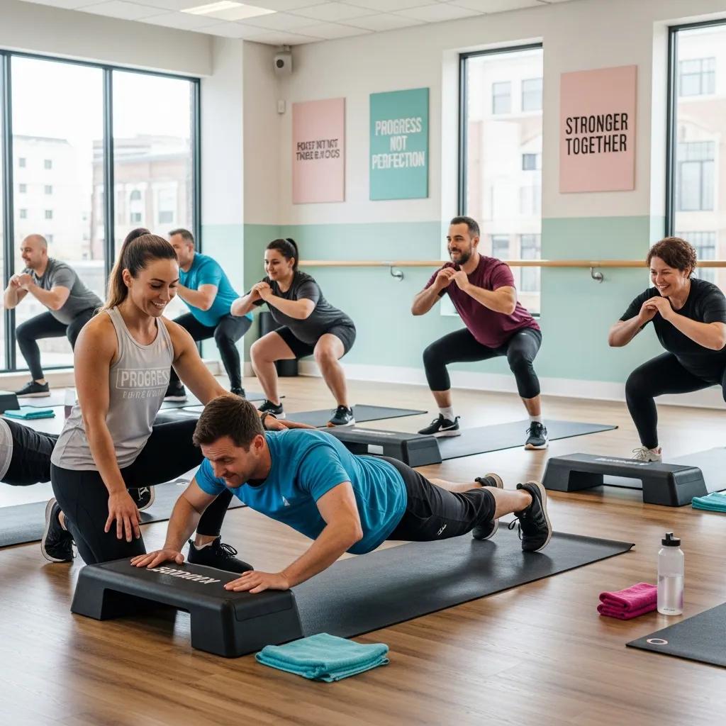 Beginners participating in a group workout class with a trainer, focusing on low-impact exercises