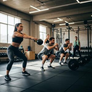 Participants performing functional fitness exercises like squats and kettlebell swings in a group setting