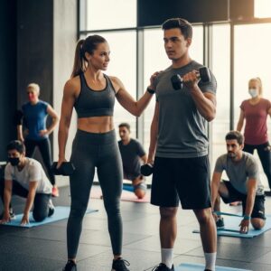 Personal trainer offering individualized guidance in a small group fitness environment