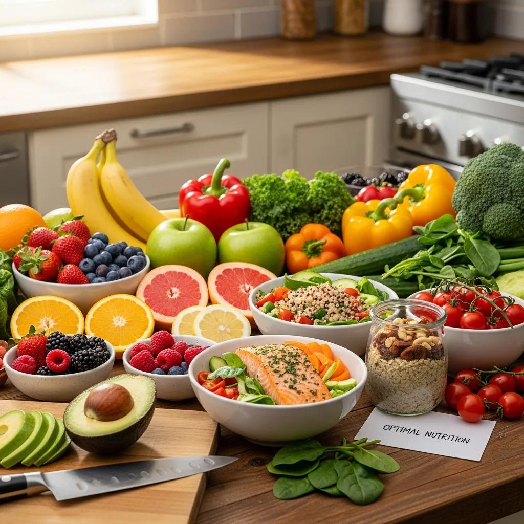 Colorful fresh fruits and vegetables on a kitchen countertop representing optimal nutrition for weight loss