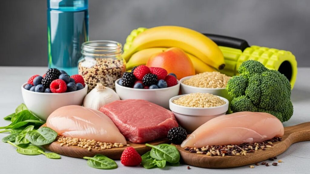 Healthy foods for muscle gain including lean meats, whole grains, and fruits, emphasizing nutrition and recovery strategies