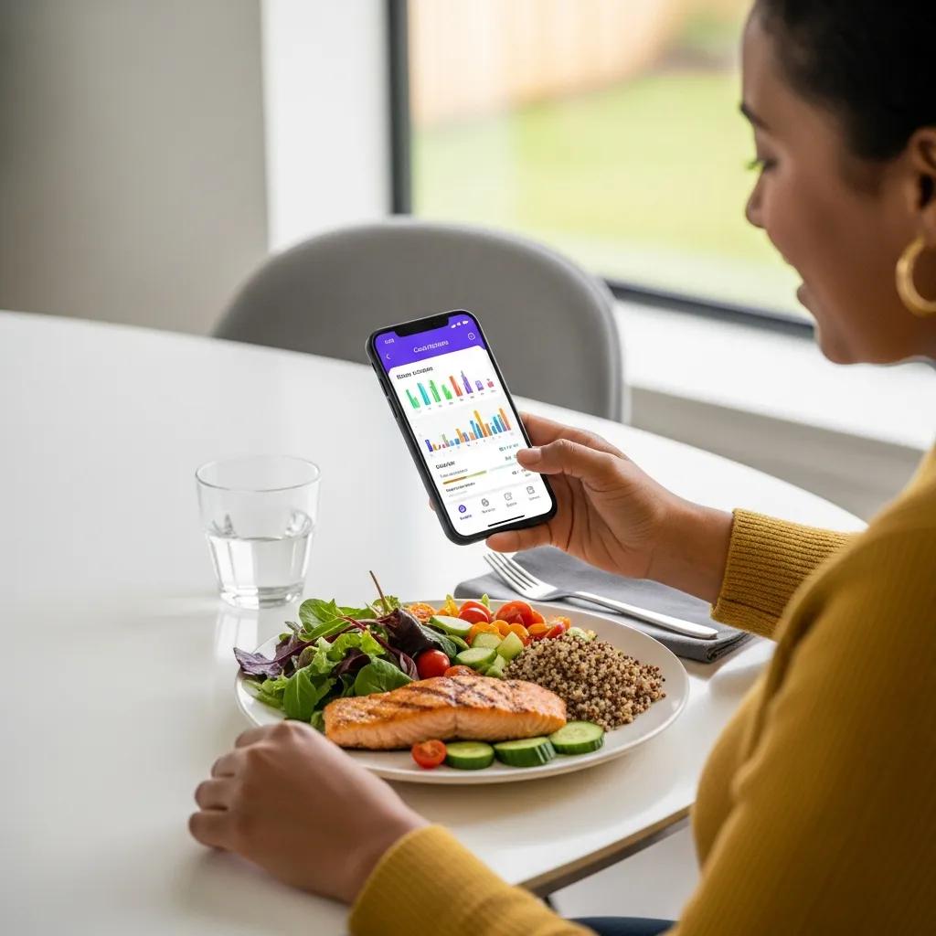 Person tracking calories on a mobile app while enjoying a healthy meal