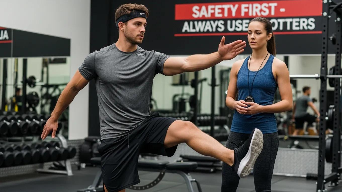 Beginner performing dynamic stretching with a trainer observing, highlighting safety tips for strength training