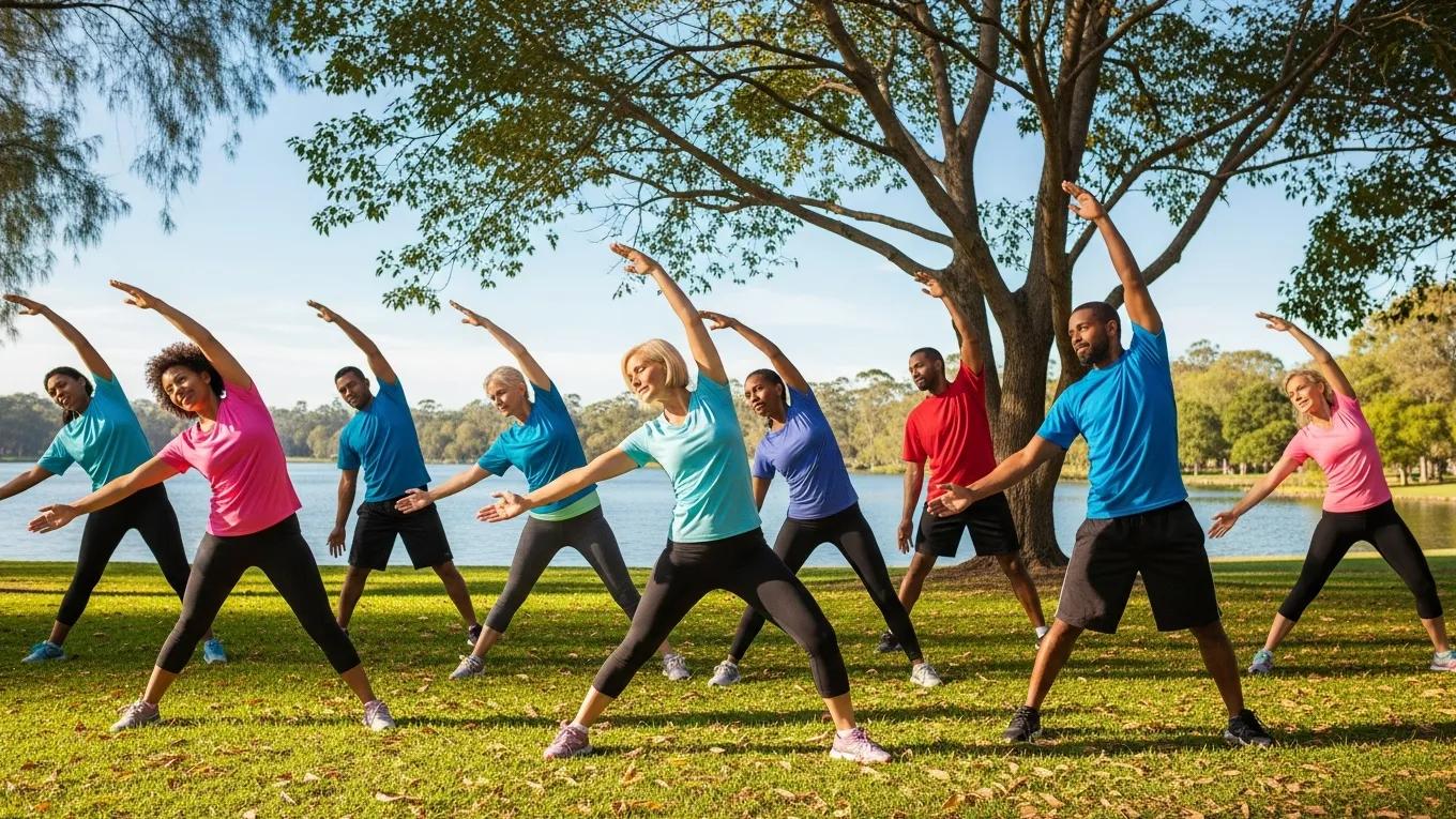 Group of people exercising outdoors, promoting stress management and mental wellness