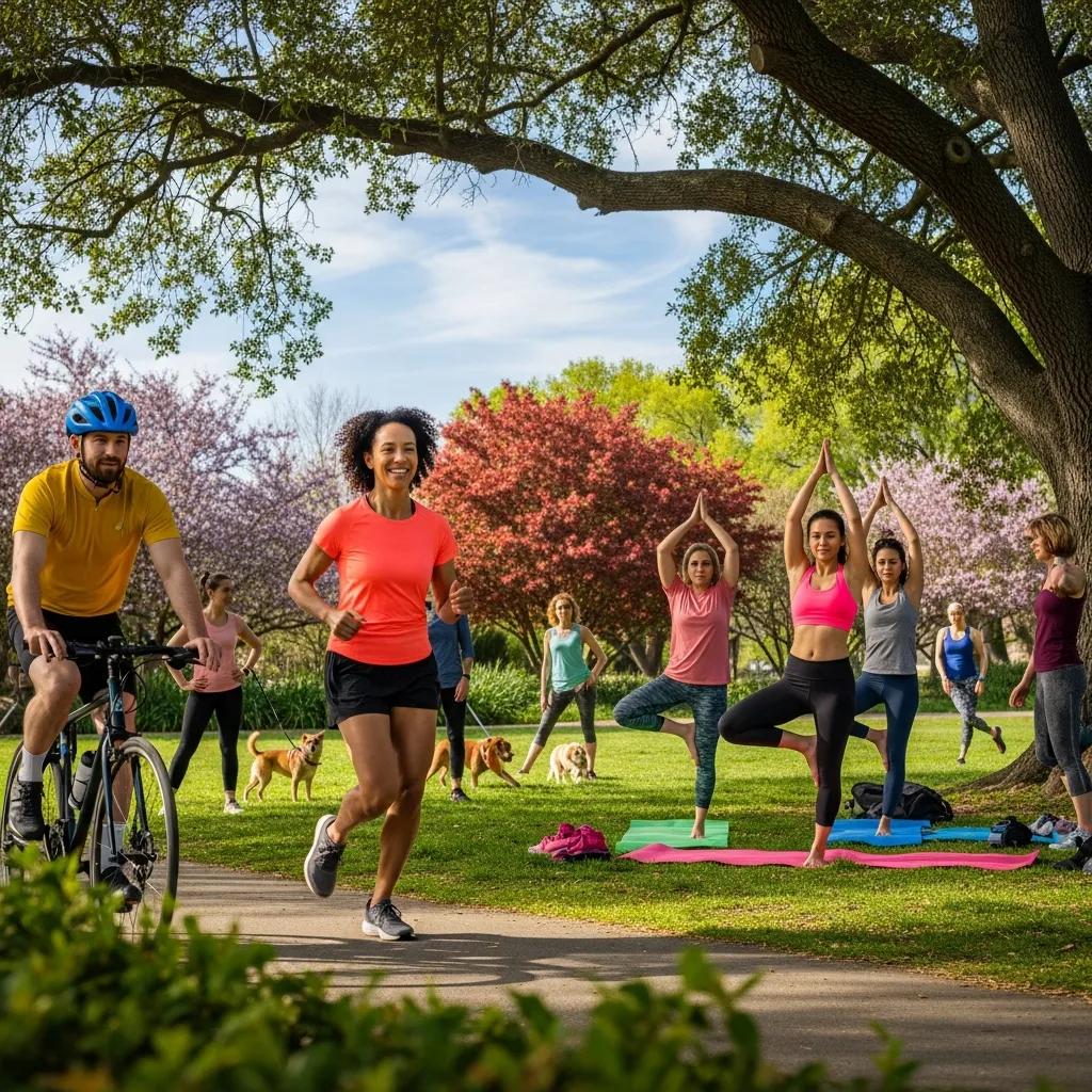 Diverse group of people exercising outdoors, representing energy and vitality