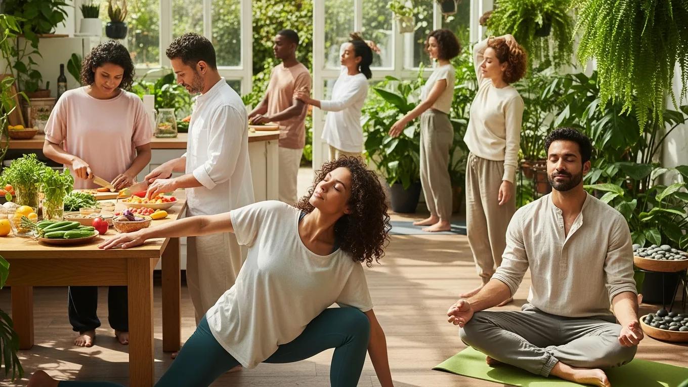 Diverse individuals practicing holistic health in a serene environment, engaging in cooking, yoga, and meditation, emphasizing the interconnectedness of body, mind, and spirit for overall wellness.