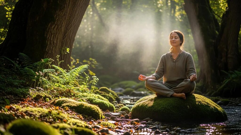 Individual meditating on a moss-covered rock in a serene forest, illustrating the mind-body connection and holistic health principles.