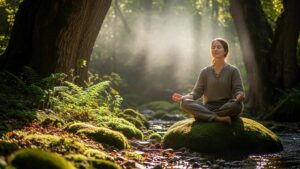 Individual meditating in serene nature, illustrating the mind-body connection and promoting holistic wellness in strength training.