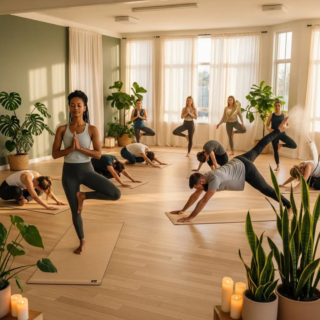 Individuals practicing yoga in a serene studio, enhancing mental health and stress relief