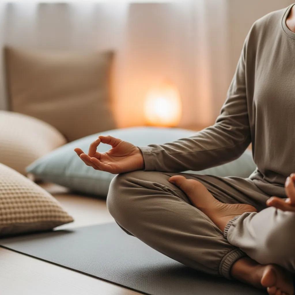 Person practicing deep breathing exercises in a tranquil environment for stress reduction