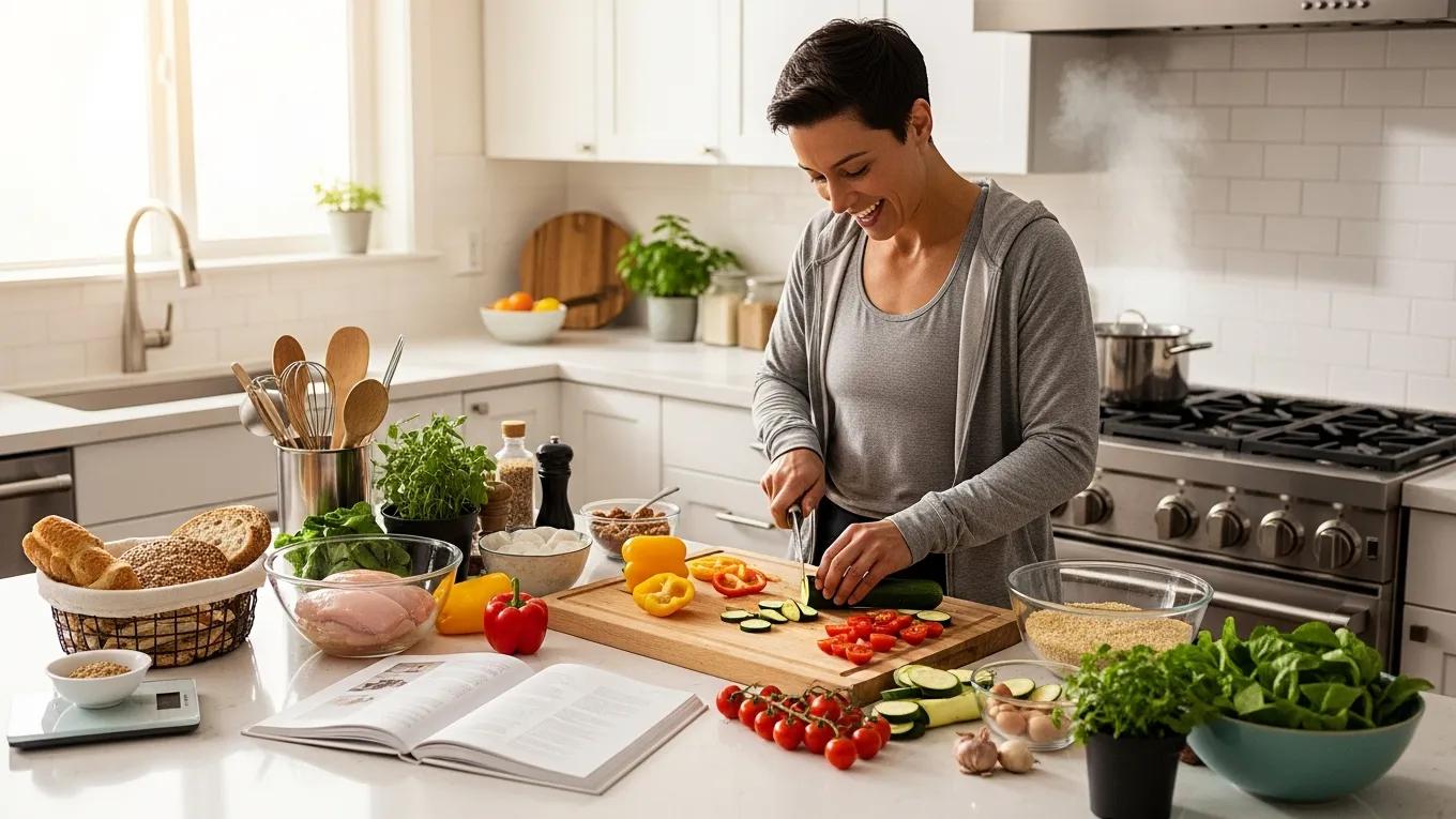 Person preparing a healthy meal in a modern kitchen, chopping fresh vegetables like zucchini, tomatoes, and bell peppers, with whole foods and cooking ingredients visible, emphasizing personalized nutrition and meal planning for holistic wellness.
