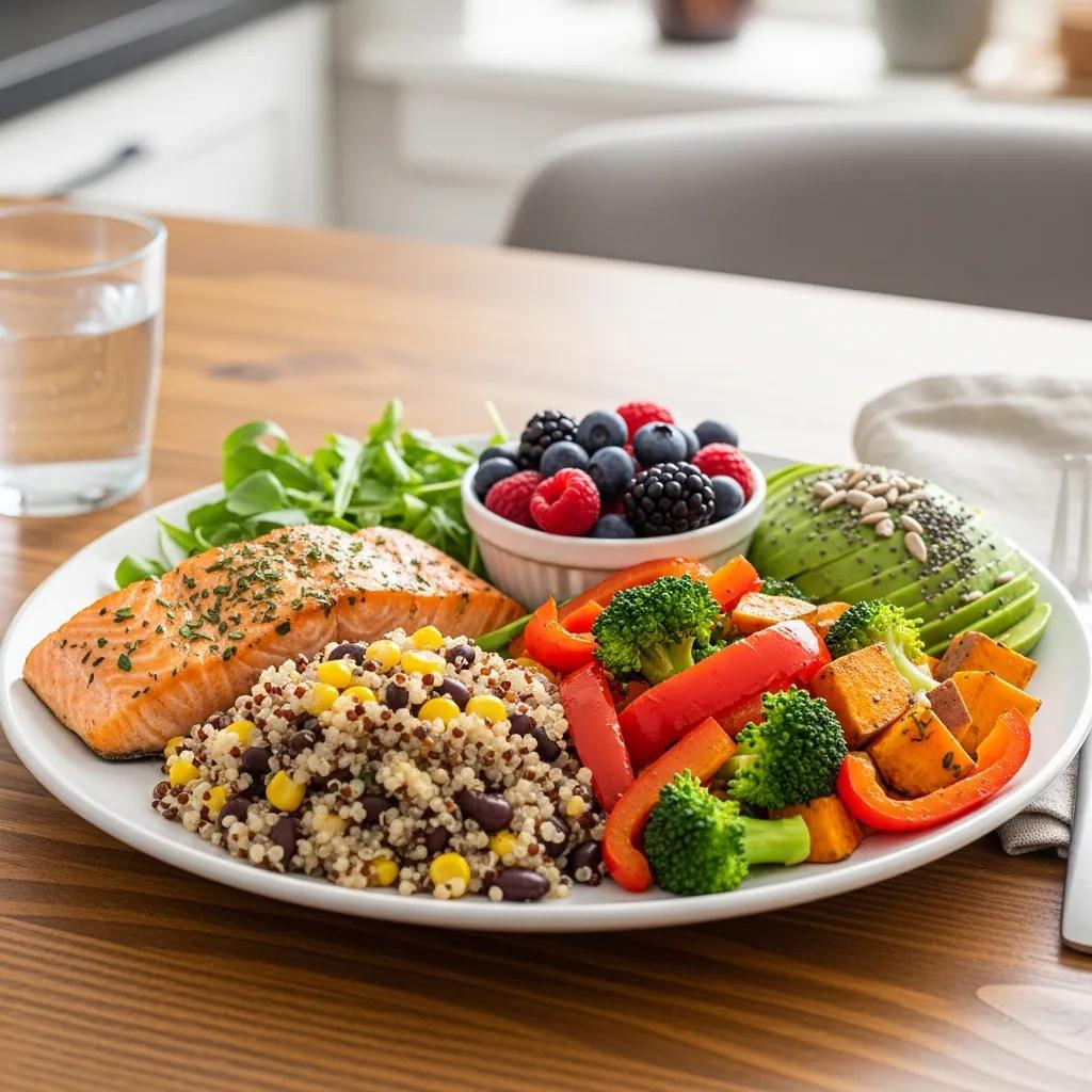 Plate of nutrient-dense foods, emphasizing nutrition practices for sustained energy