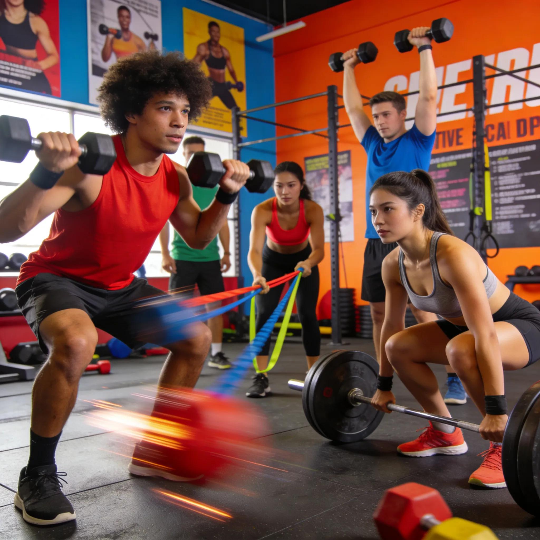 Group fitness class engaged in strength training exercises