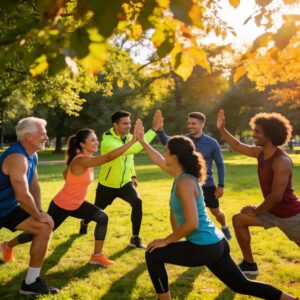 Diverse group engaged in small group personal training outdoors, showcasing motivation and community