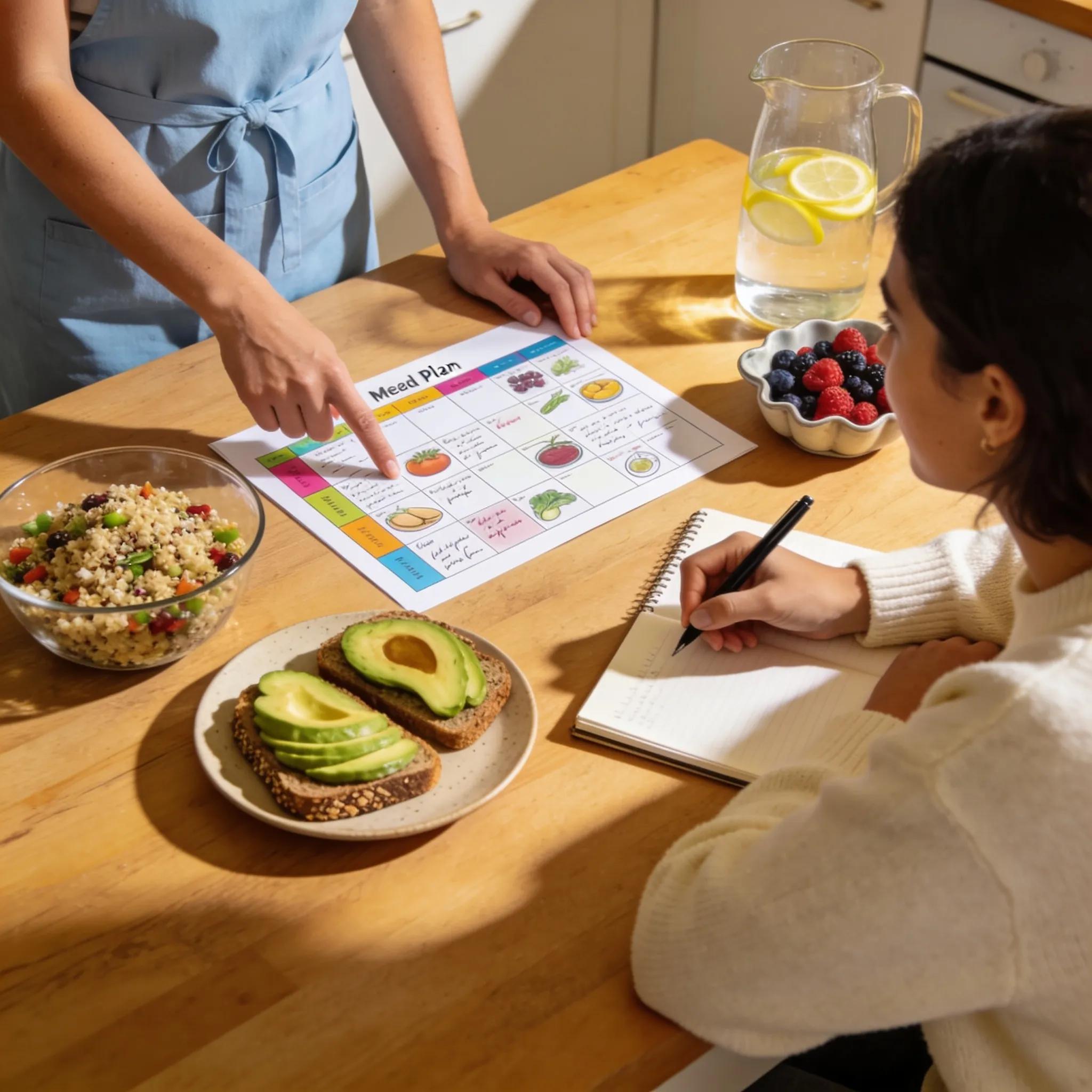 Nutrition coach discussing meal plans with a client in a kitchen