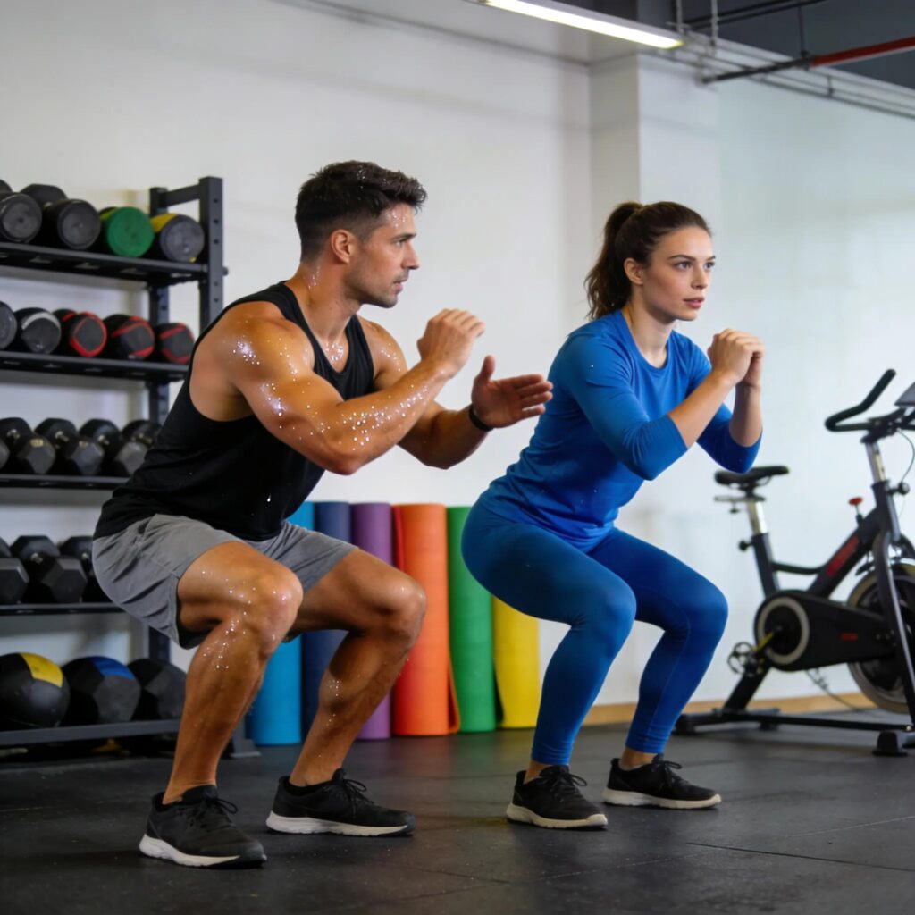 Personal trainer guiding a client through an exercise in a gym
