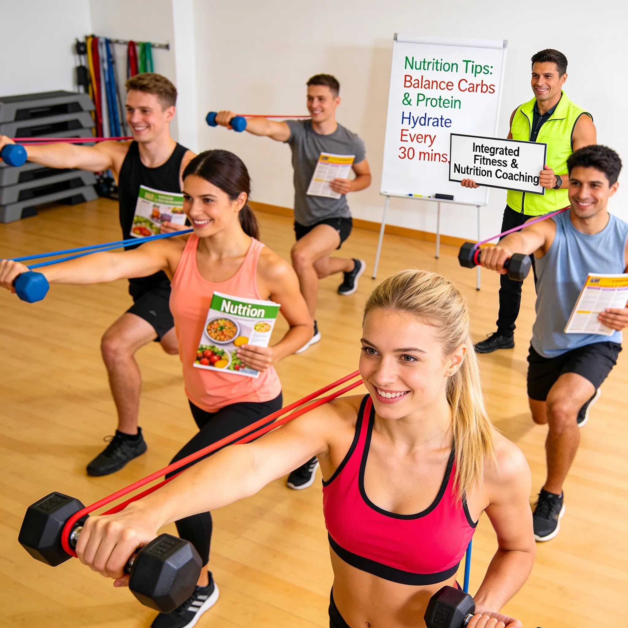 Participants in a group fitness class receiving guidance from a trainer, highlighting integrated fitness and nutrition coaching services.